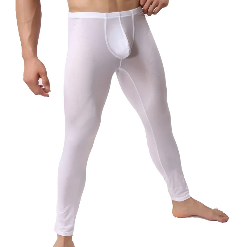 Men's Sexy Long Johns Ice Silk Ultra-thin Transparent Penis Pouch Leggings Underwear Men Home Sheer Lounge Pants Gay Sleepwear