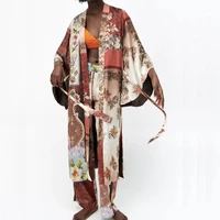 traf za patchwork long woman kimono vintage print belt long sleeve blouse women kimonos summer 2021 japanese beach kimono top