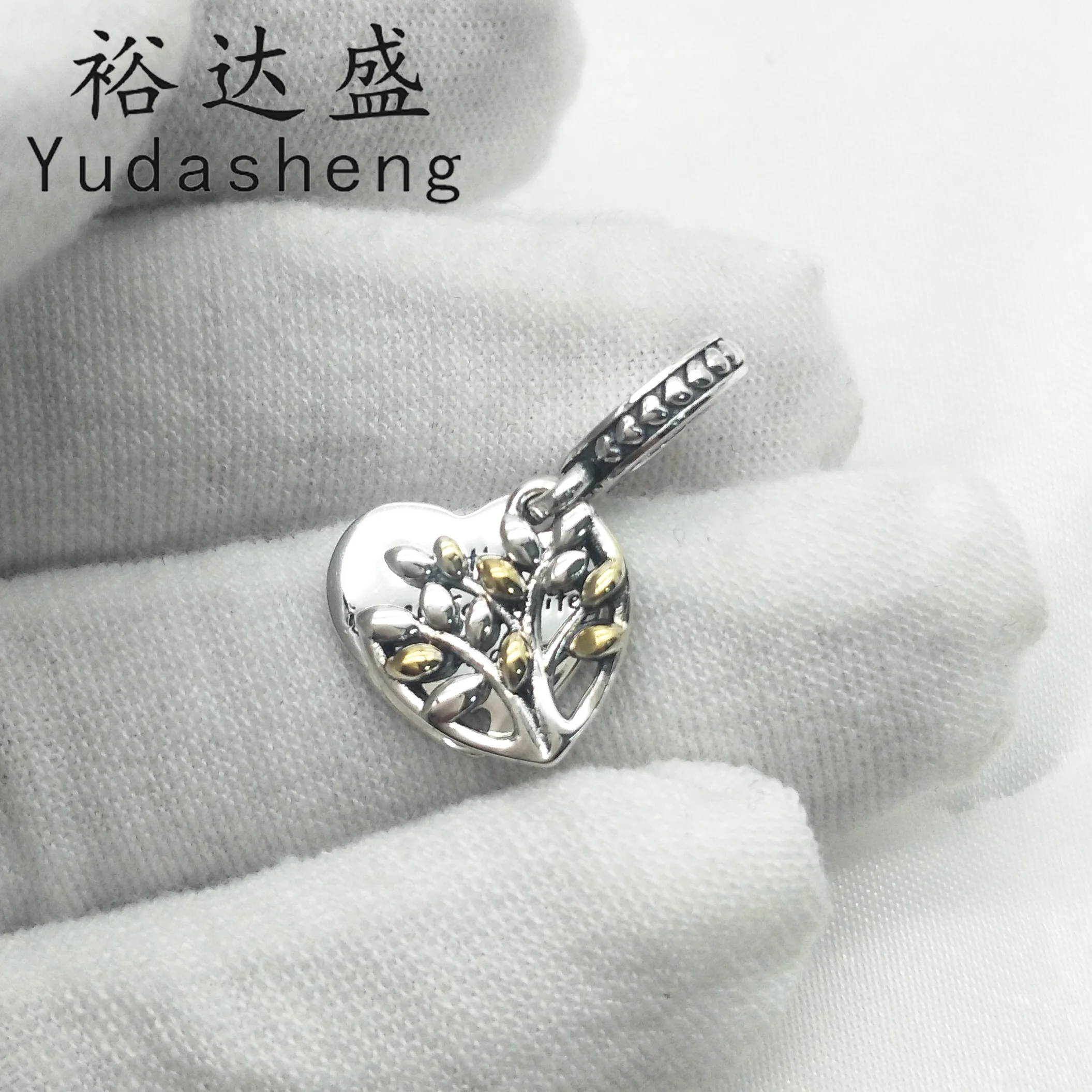 

Two-Tone Family Tree Heart Dangle Charm 925 Silver