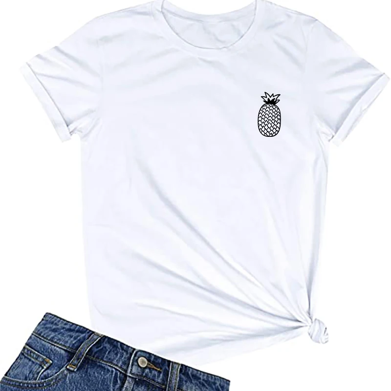 

Футболка женская с графическим принтом, простой белый Повседневный Топ с круглым вырезом и рисунком ананаса, лето 2021
