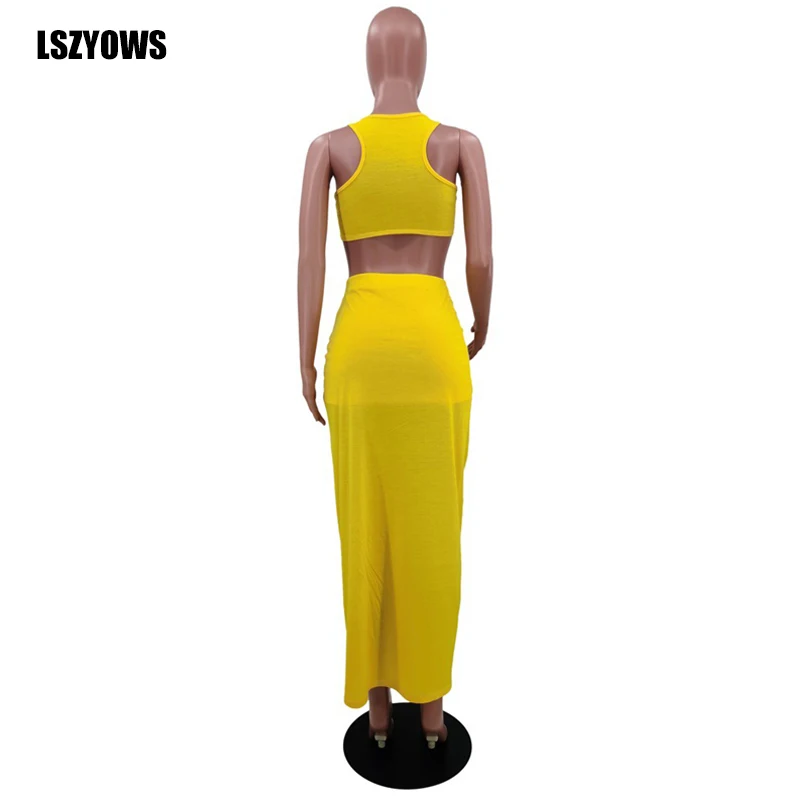 

Fashion Women Two Piece Set Casual Party Suits Summer Sleeveless Crop Top And Irregular Ruched Split Skirt Sexy Vacation Outfits