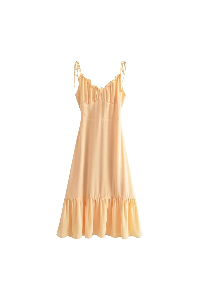 

Seaside Holiday Dress 2021 New Ear Side Waist Mid Length Ruffle Chiffon Skirt Suspender Skirt