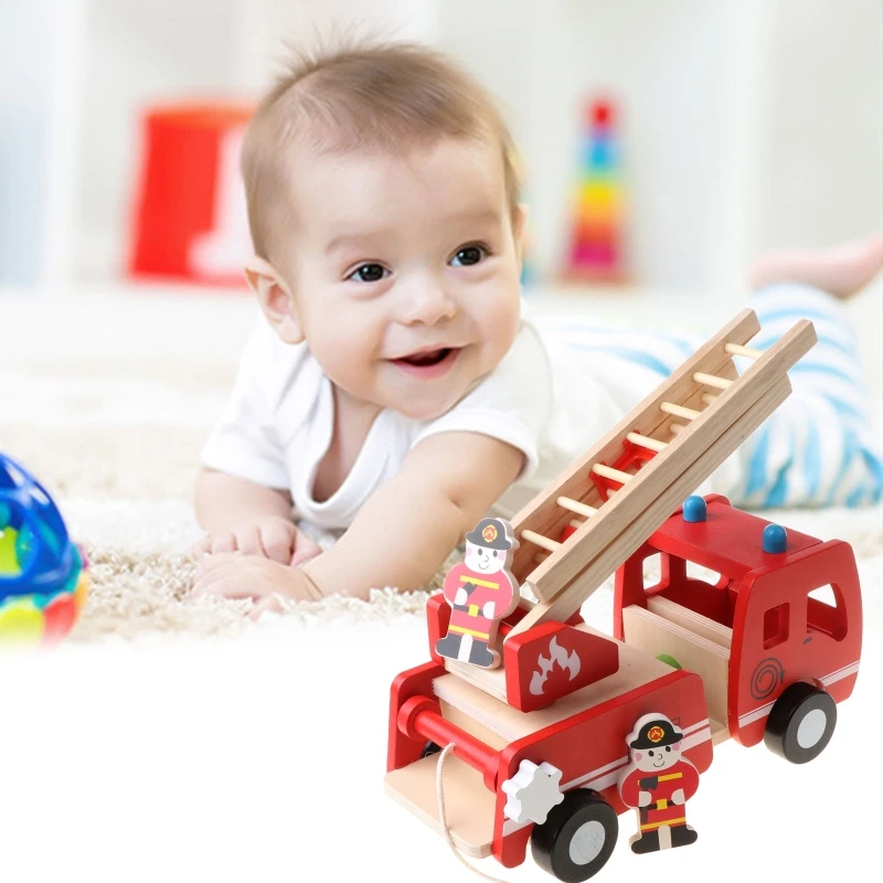 

Wooden Fire Truck with Firefighter Play Figure Colorful Playset for Kids Children Pretend Playing Toy