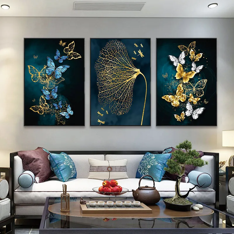 

Modern Minimalist Poster Blue Gold Butterfly Picture on Canvas Wall Canvas Painting Mural Decoration for Living Room Home Decor