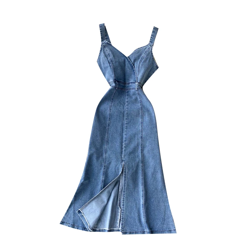 

ZQLZ Summer Denim Dress Women 2021 V-Neck Spaghetti Strap Sexy Sleeveless Split Jean Vestidos Office Lady Casual Slim Dresses