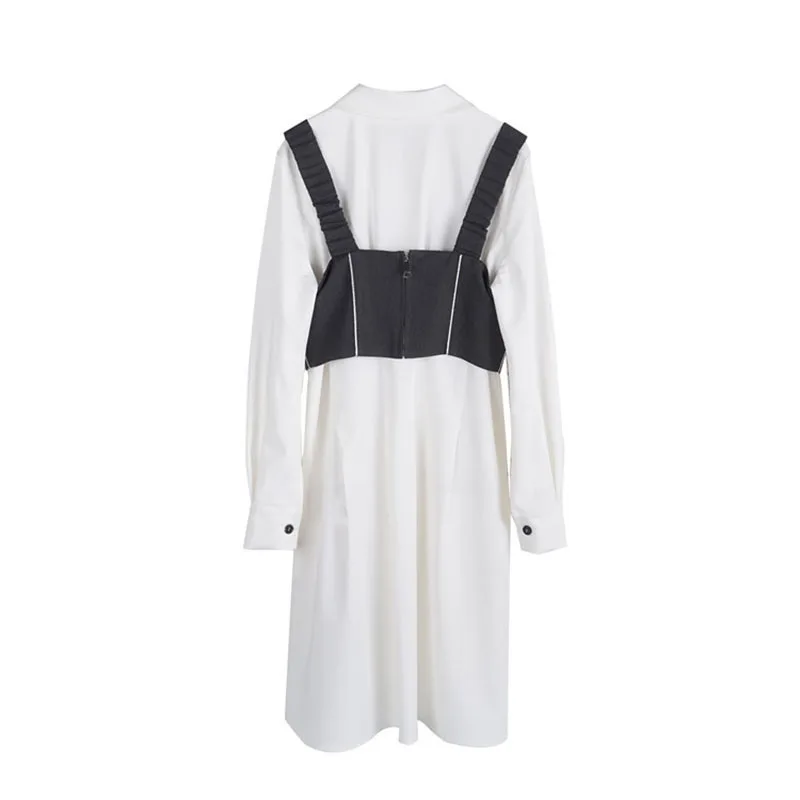 

LANMREM Women White Irregular Spliced Shirt Dress New Lapel Long Sleeve Loose Fit Fashion autumn winter 2021 2F0023