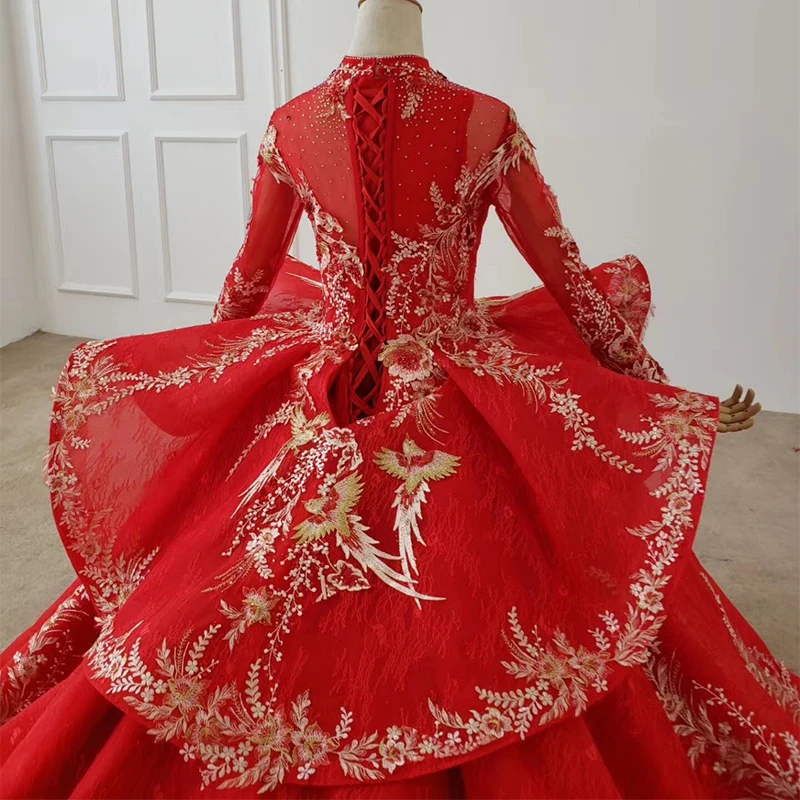 BGW HT41730 Peplum Wedding Dress Bird Applique Muslim Wedding Dress Red Lace Wedding Dress Pleat Wedding Gowns فستان زفاف