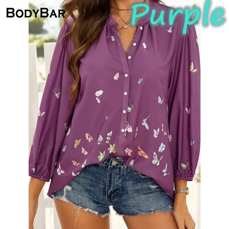 

Elegant Butterfly Print Turndow Collar Shirt Lady Loose Single-breasted Button Chiffon Blouse Fashion Oversize Nine-Sleeve Tops