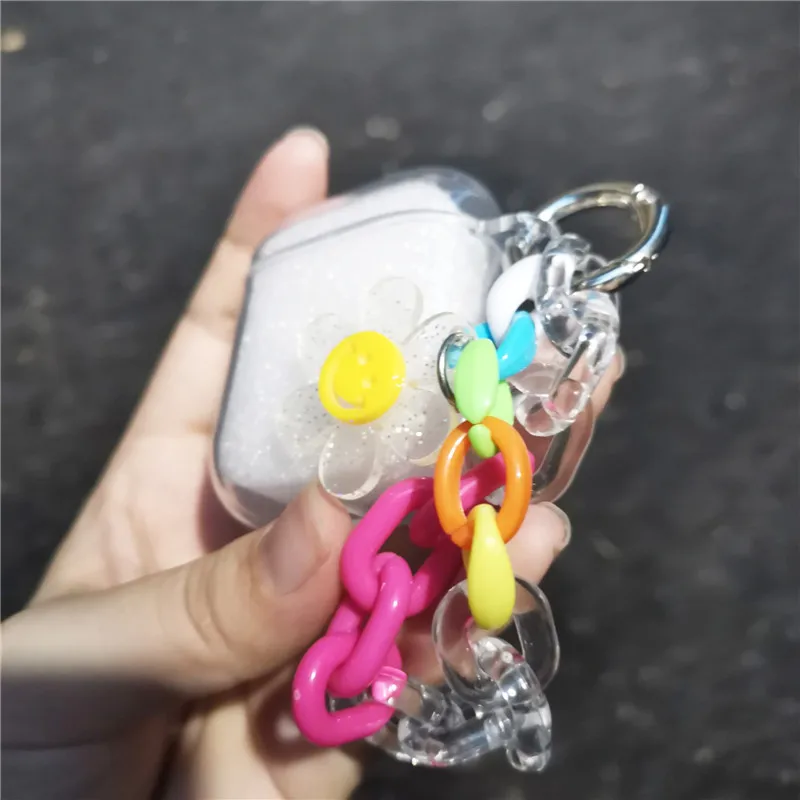 

Cute Smile Sun Flower Bracelet Earphone Case For Apple AirPods 1 2 Pro Glitter Soft TPU Wireless Protective Cover with Keychain