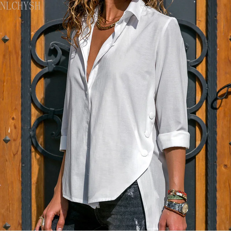 

Autumn Long Sleeve Irregular Women's Office Shirt White Turn-down Collar Female Shirts 2021 Trend Fashion Spring Ladies Tops