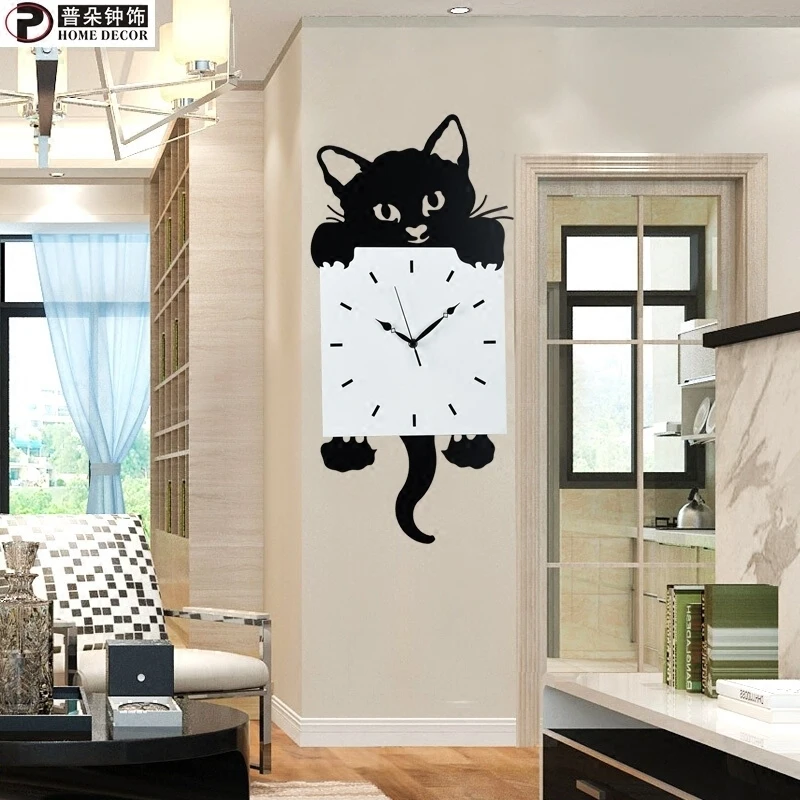 Большие модные настенные часы с изображением кота для гостиной оригинальные