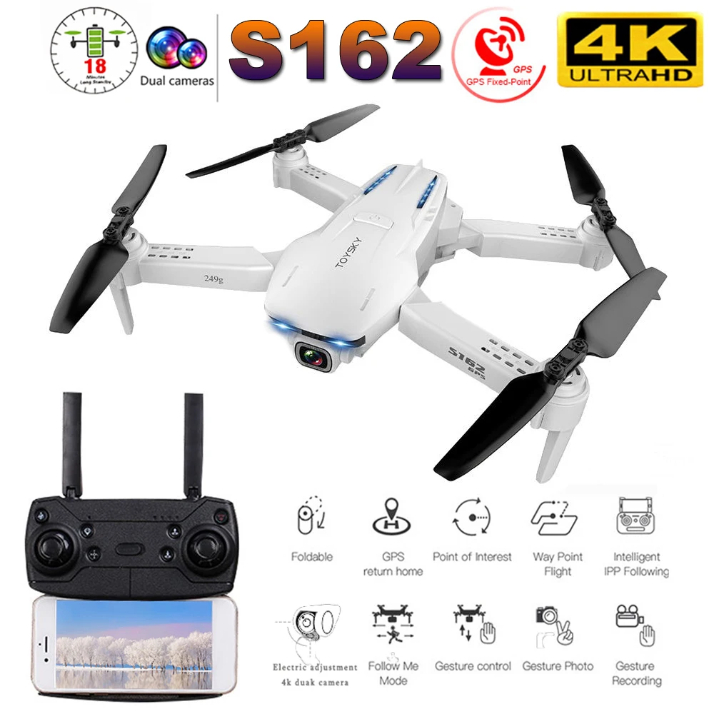 Складной Дрон S162 с GPS и двойной камерой 4K HD 1600 Вт Plxels 50 кратное увеличение 5G Wi Fi FPV