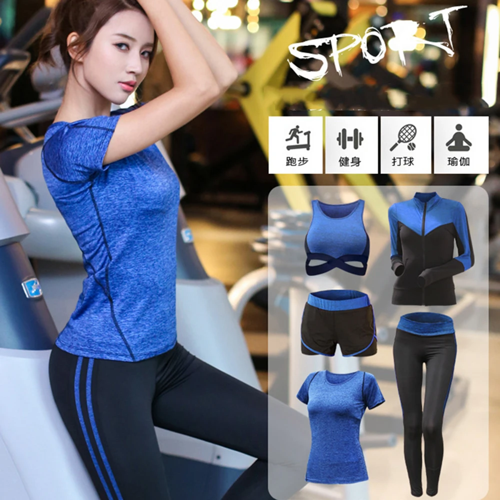Женские комплекты 5 шт. набор для йоги женщин бега фитнеса футболка спортивный