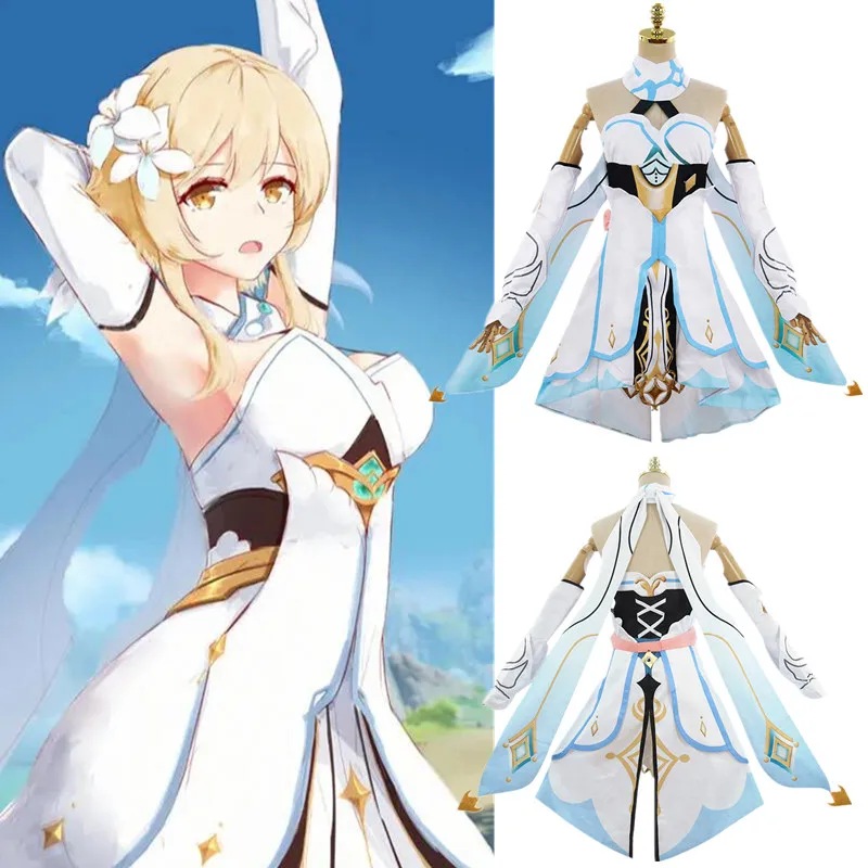 

Game Genshin Impact Traveler Lumine Cosplay Costumes Genshin Impact Lumine Dress Halloween Carnival Lolita Maid Uniform Wig Set