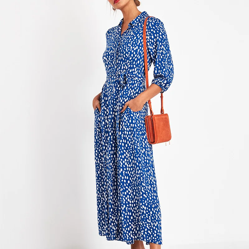 

Vintage Polyester Floral Print Maxi Dress Women Boho Three Quarter Sleeve Sashes Turn-Down Collar Casual Long Dresses Robe
