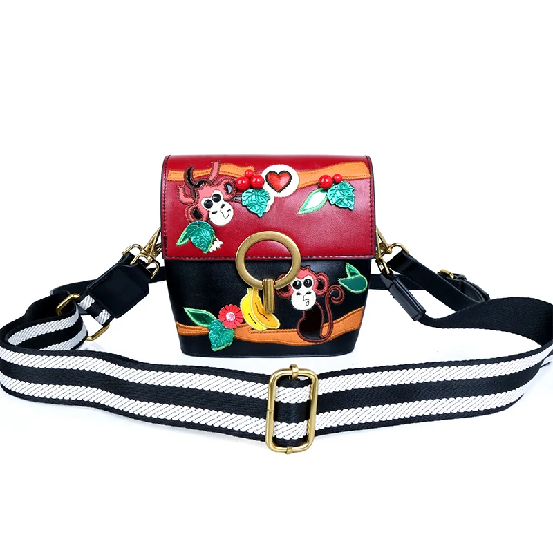 Women Bags Leather Patchwork Embroidery Cross Body Messenger Bag Shoulder Bags Bag Braccialini Style Art Cartoon Monkey Banana