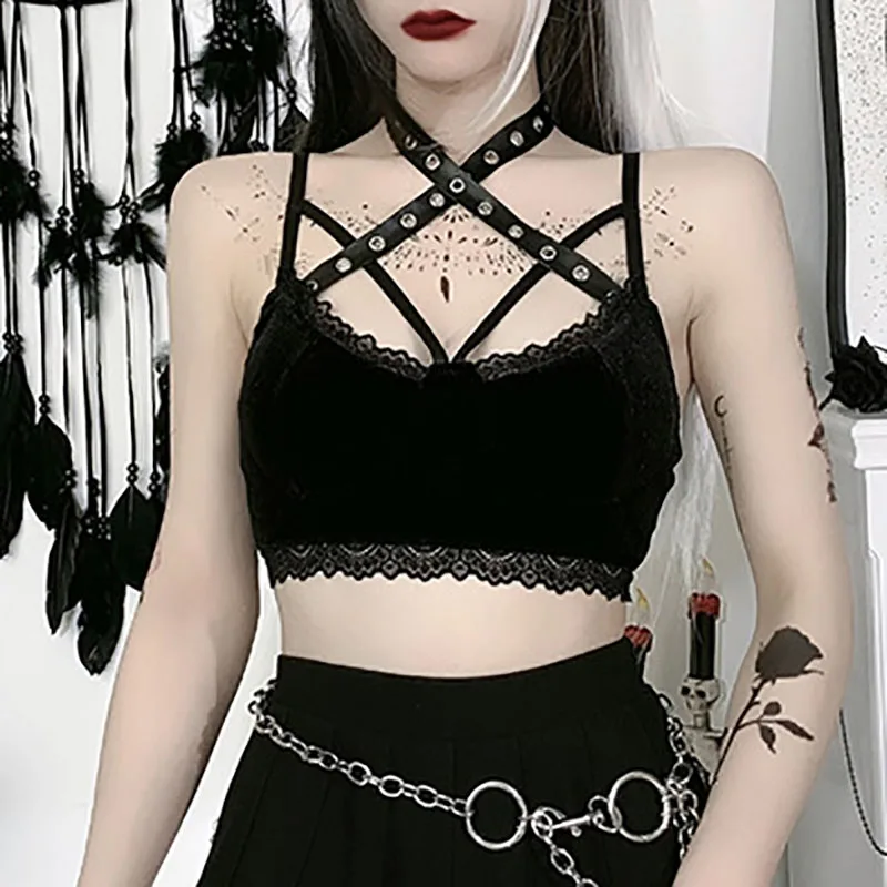 

Goth Dark Gothic Crop Top Women Corset Sleeveless Black Harajuku Cyber Y2K egirl Punk 90s Aesthetic Clothes Sexy Camisole Top