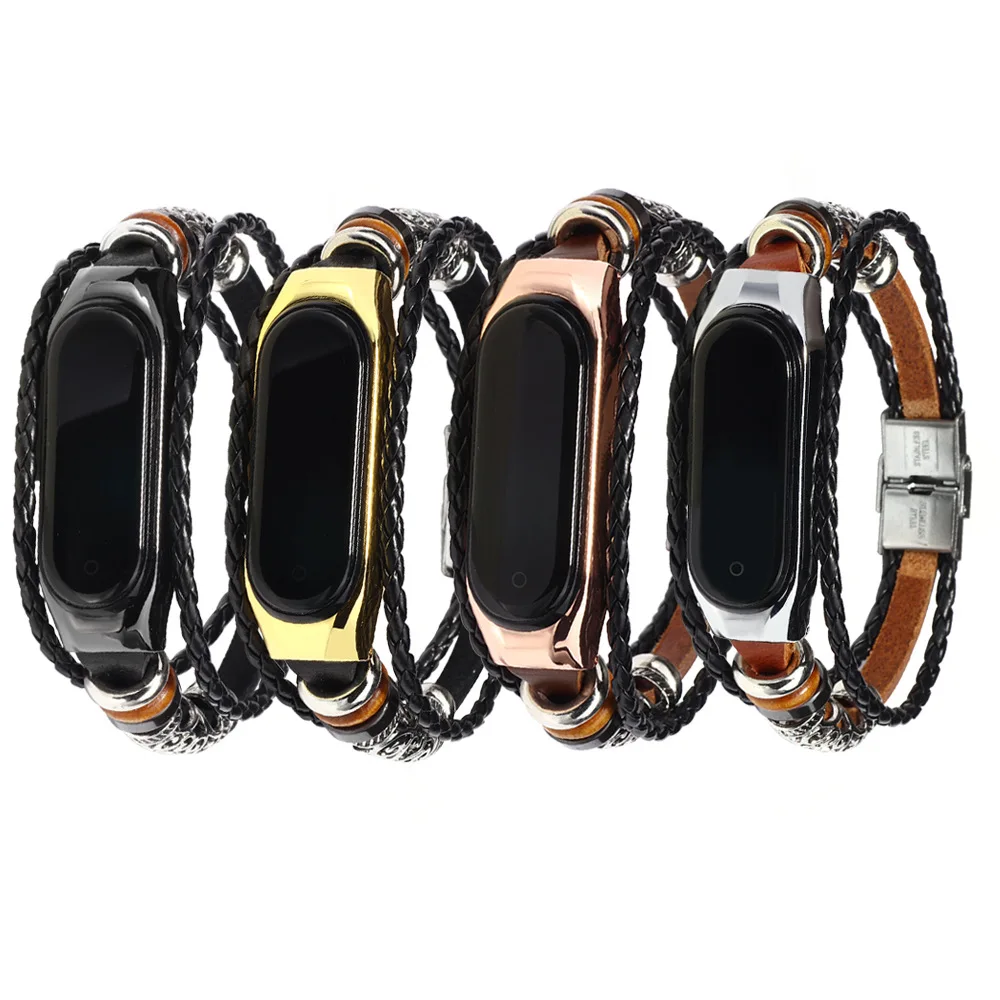 

new Suitable for Xiaomi 3 4 generation bracelet metal frame Retro national style leather for millet 4 3 watch band wristband
