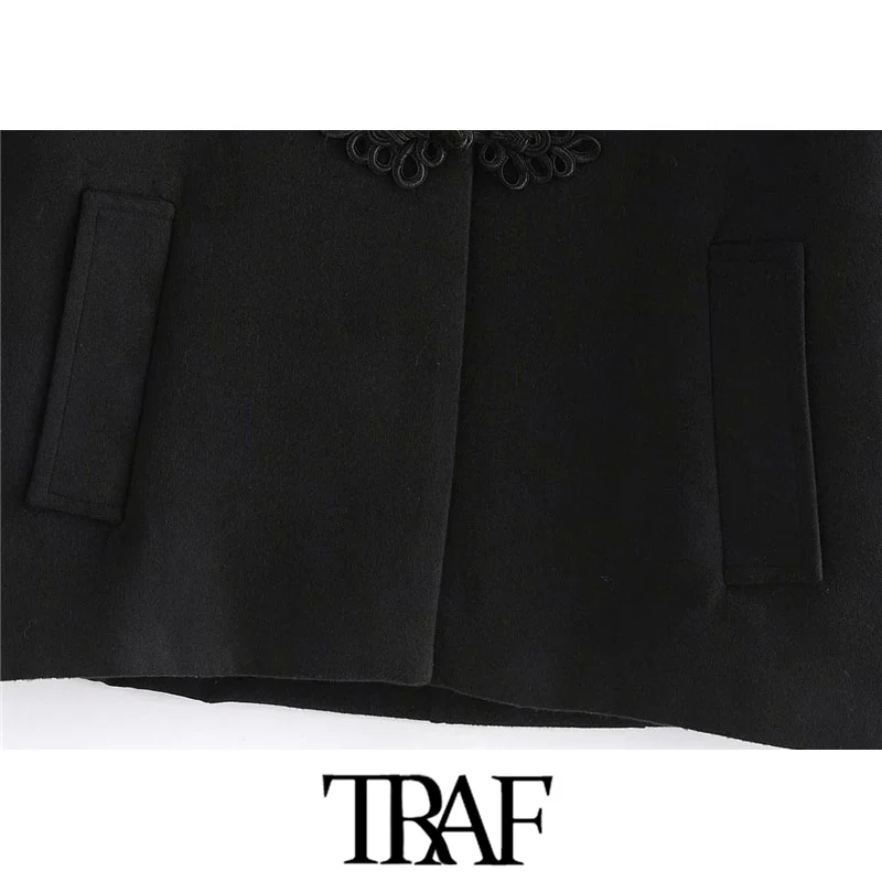 

TRAF Women Fashion With Toggles Loose Woolen Jacket Coat Vintage Long Sleeve Side Pockets Female Outerwear Chic Tops