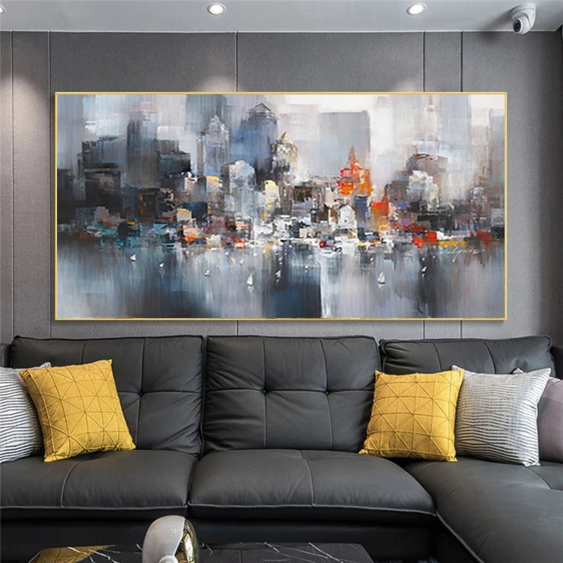 

City Building Rain Boat Poster Scenery Abstract Oil Painting on Canvas Prints Wall Art Pictures for Living Room Decoration