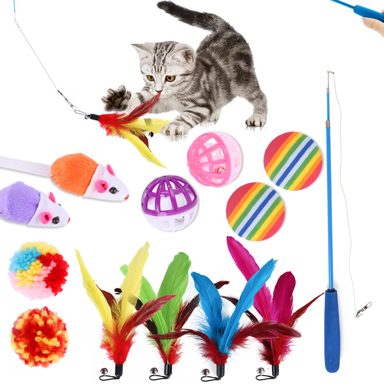 

13Pcs/Set Pet Funny Cat Rod Feather Ball Fishing Rod Playing Magic Wand Interactive Toy Pet Accessories Replacement Headset