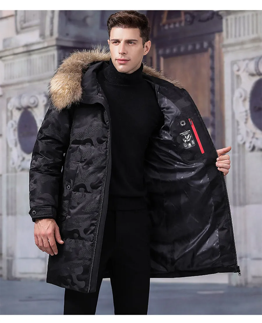 

Brand Top Quality Winter 90% White Duck Down Jacket Men Medium Long Real Fur Collar Hooded Down Coat Male Camo Canada Jacket