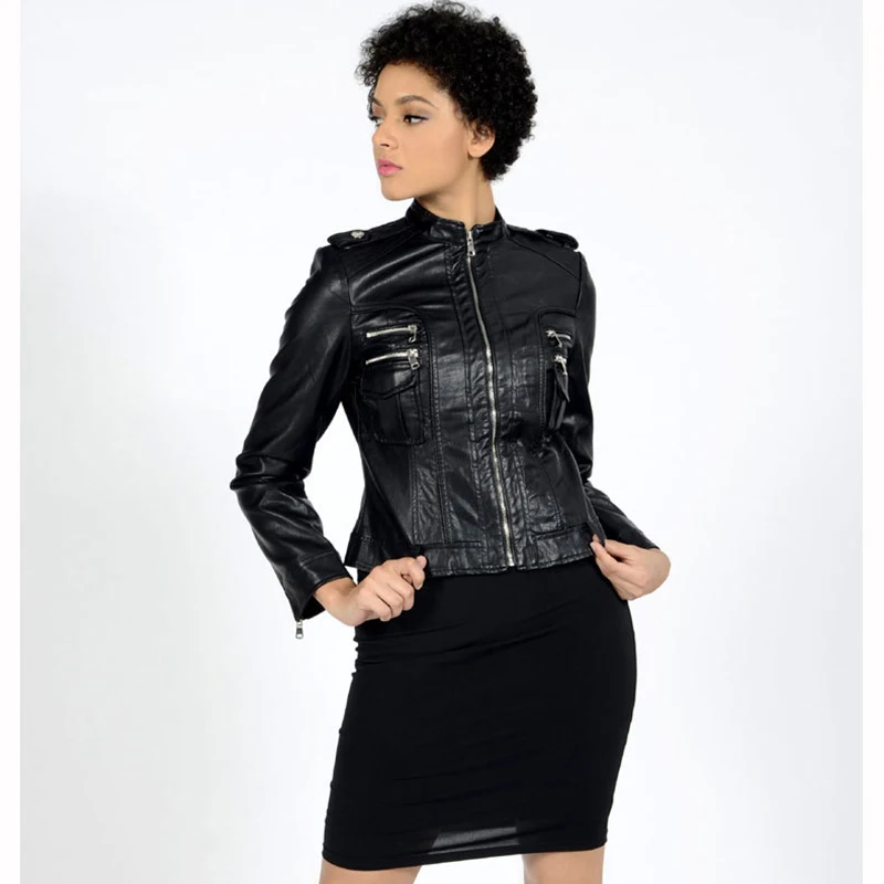 

Autumn Winter Women PU Faux Leather Jackets Europe Fashion Slim Black Locomotive Zipper Coats Female Stand Collar Outerwear