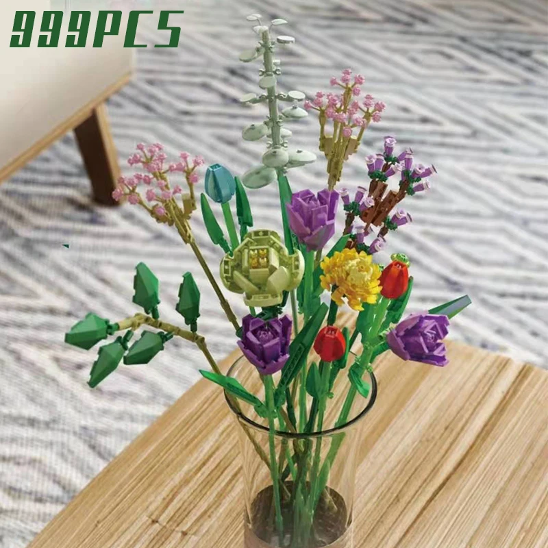 

999PCS Colorful Phalaenopsis Vase Flowers Bouquets Plants Potted Blossom Ornaments Decoration Building Bricks Blocks Diy Toy