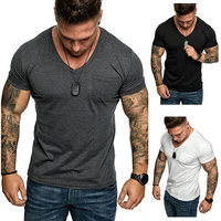 2021 spring and summer new fashion casual mens solid color chest pocket round collar slim short sleeved mens t shirt