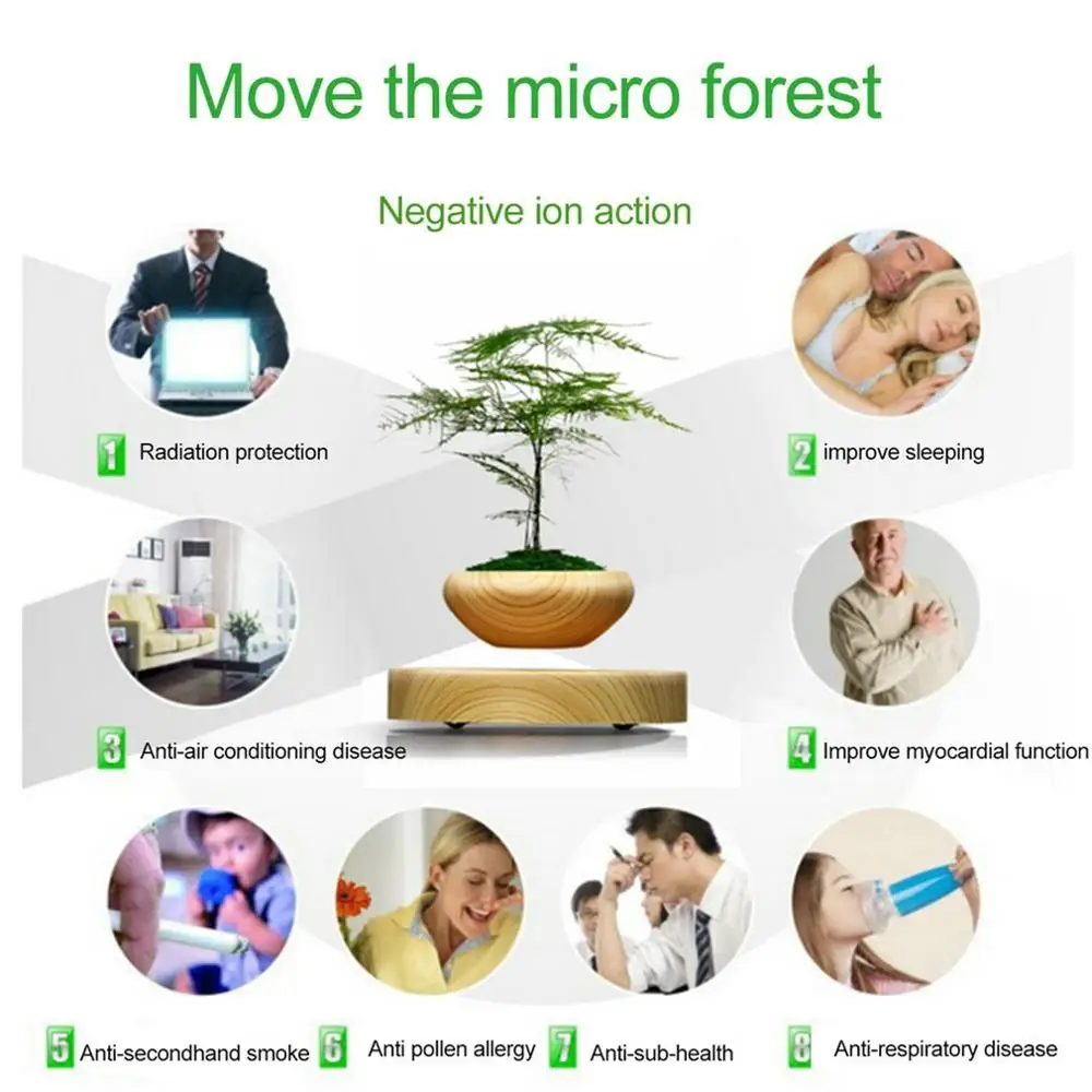 

Free Shipping Magnetic Suspended Potted Plant Wood Grain Round LED Levitating Air Plant Pot For Home And Office Decor Craft Gift