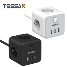 TESSAN PowerCube Điện Dây USB Ổ Cắm EU Cắm Nối Dài Có Công Tắc 3 Ổ Cắm 3 Cổng USB Nhà Du Lịch Sạc