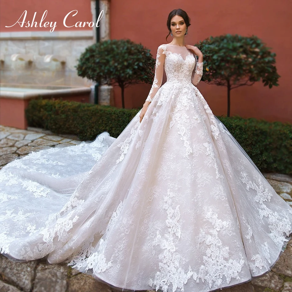 

Ashley Carol Long Sleeve Lace Wedding Dress 2022 Cathedral Bride A-Line Scoop Appliques Lace Up Wedding Gowns Vestido De Noiva