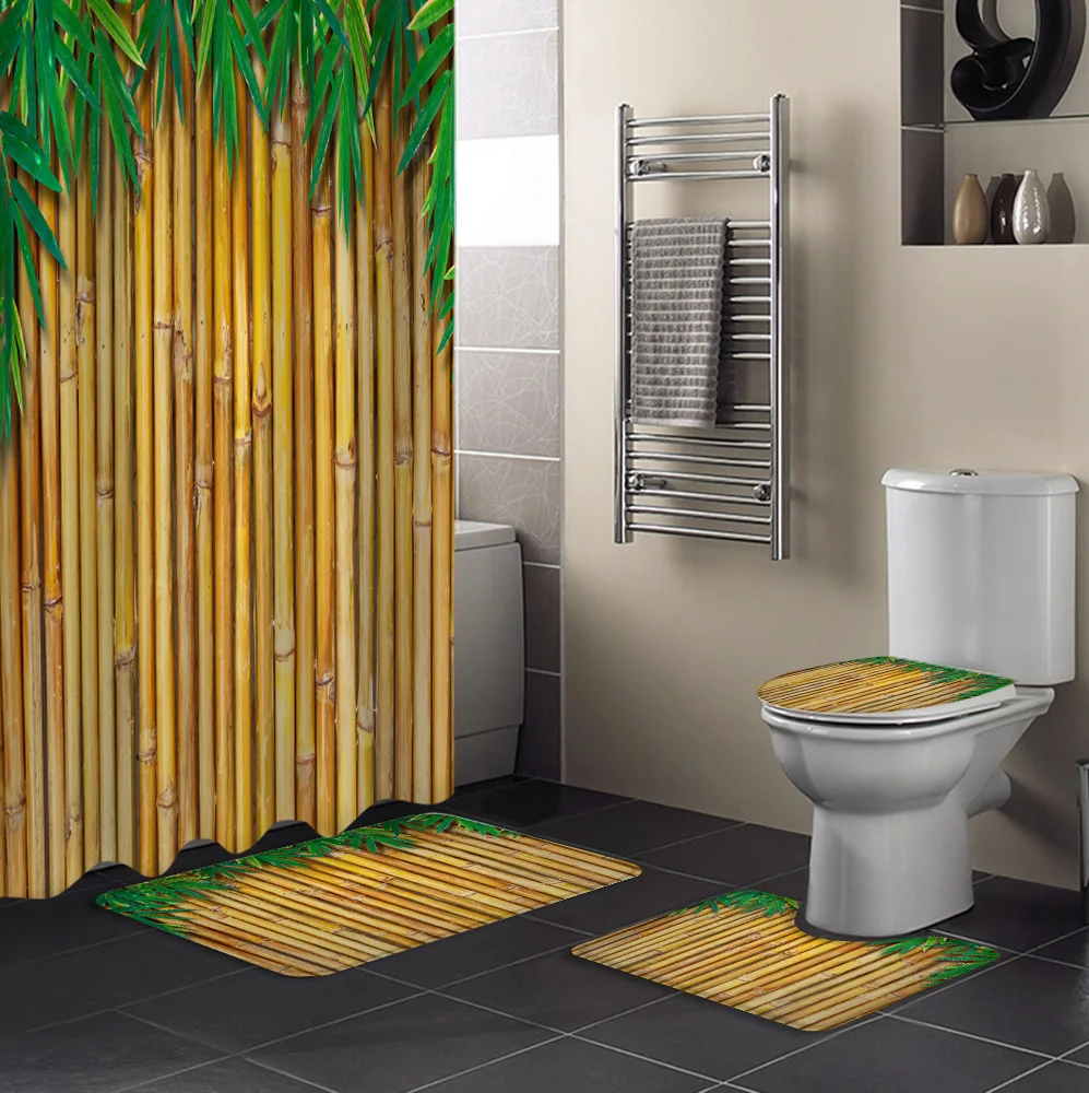 Бамбуковая занавеска для душа с желтыми листьями Набор чехлов унитаза