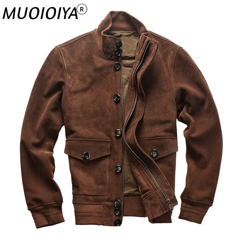 

2021 Men's Genuine Cowhide Motorcycle Leather Jacket Retro Brown Single-Breasted Cowhide Jacket Winter Russian Coat