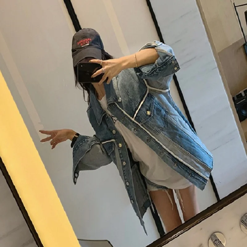 2019 осенне зимние модели свободная синяя прошитая джинсовая куртка женское