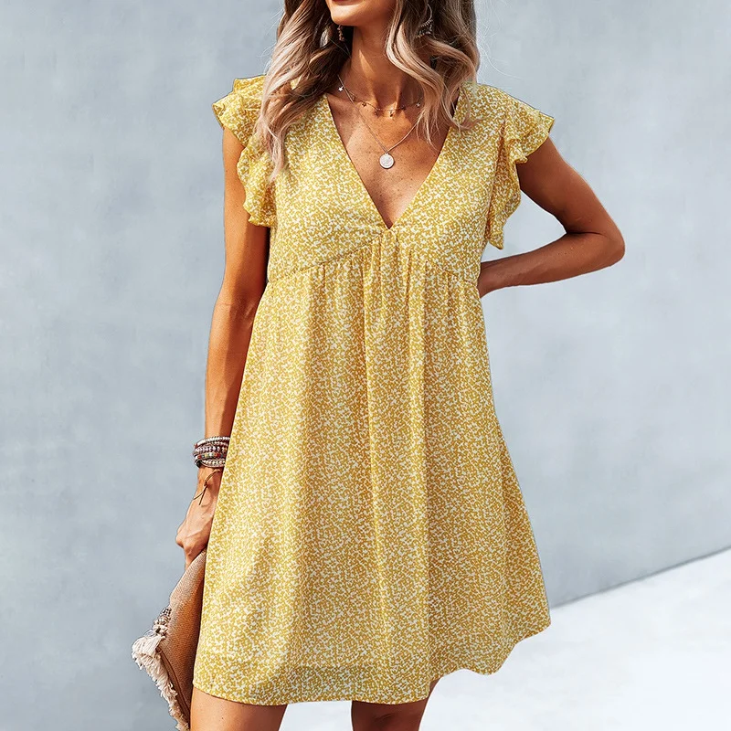 

Uclio Summer Loose Dress V Neck Flying Sleeve Floral Print Dresses for Women Sexy Dress Beach Boho