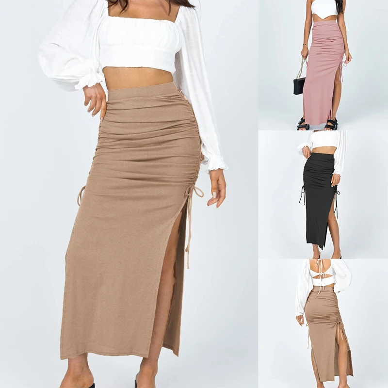 

Sexy High Waisted Ruched Skirts Women Summer Charm Split Long Skirt Slim Party Bodycon Skirt