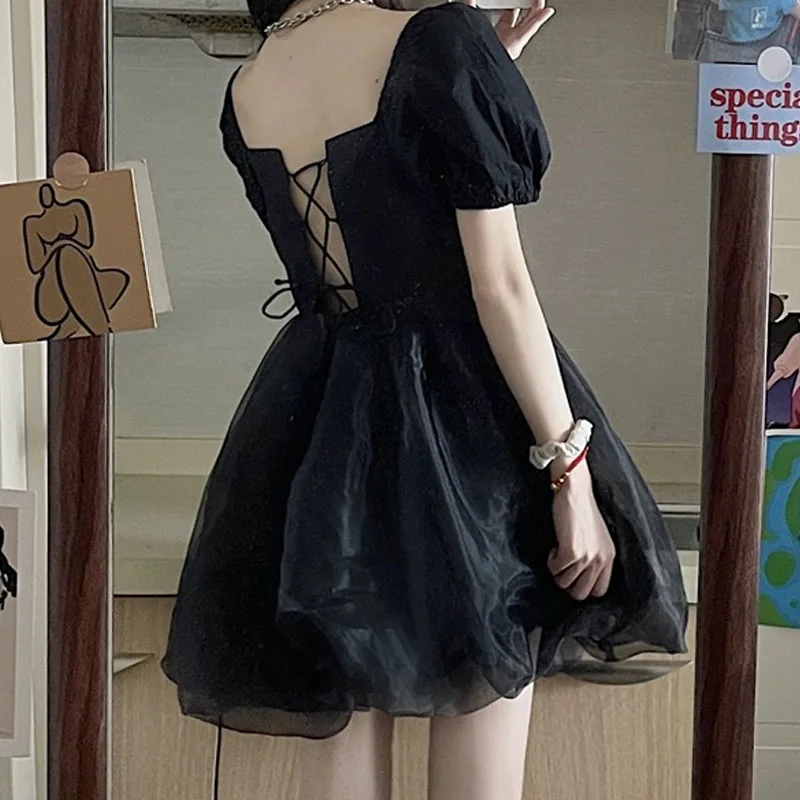 

Women Summer Diablo Gothic Puff Sleeve Princess Sweet Dress One Piece Soft Girl Cute Baby Doll Fairy Dress Lolita Kawaii Dresses