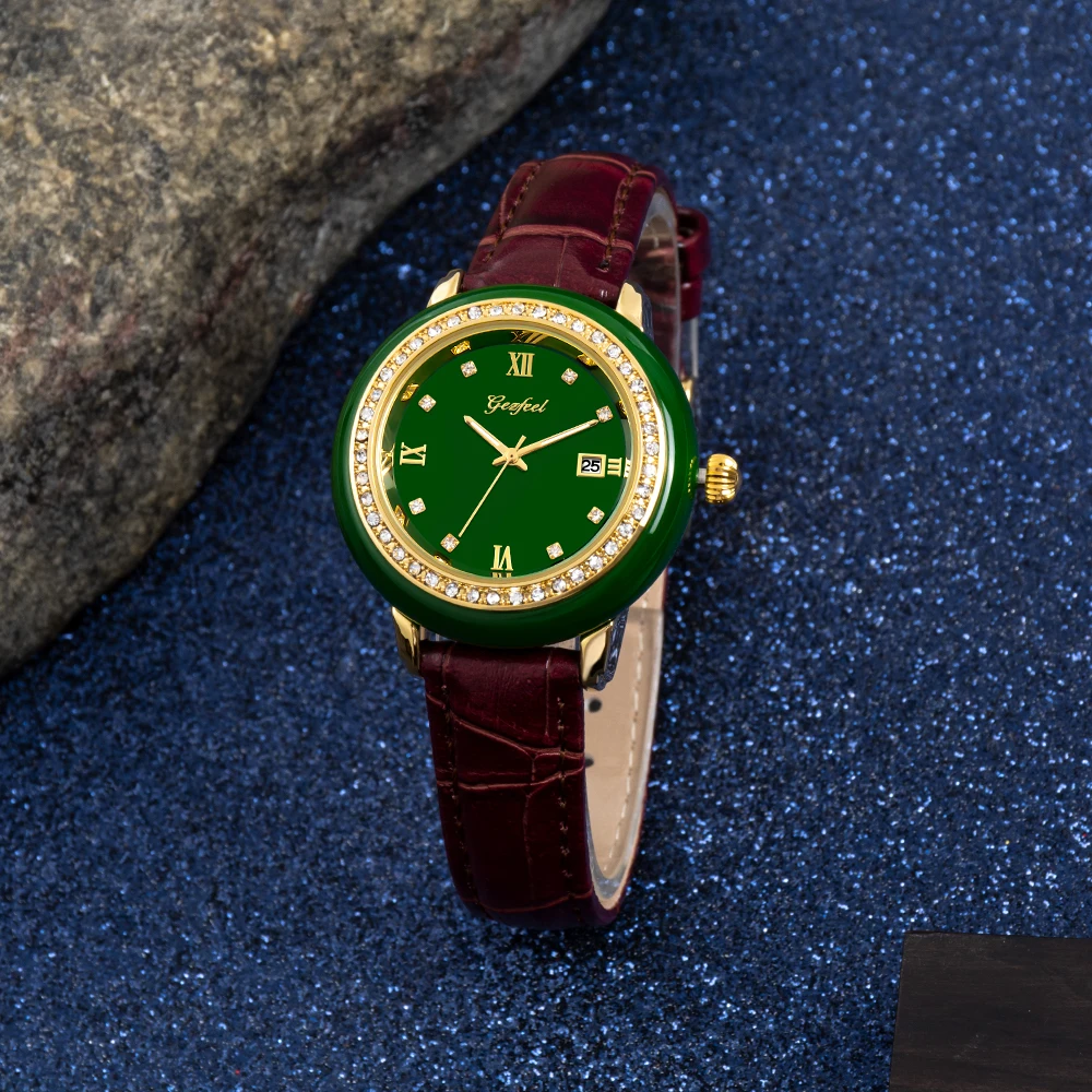 Женские кварцевые часы Hotan с нефритовым ремешком водонепроницаемые коричневым