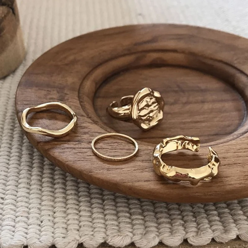 Женское кольцо с круглой волной Винтажный Золотой неровный круг открытые