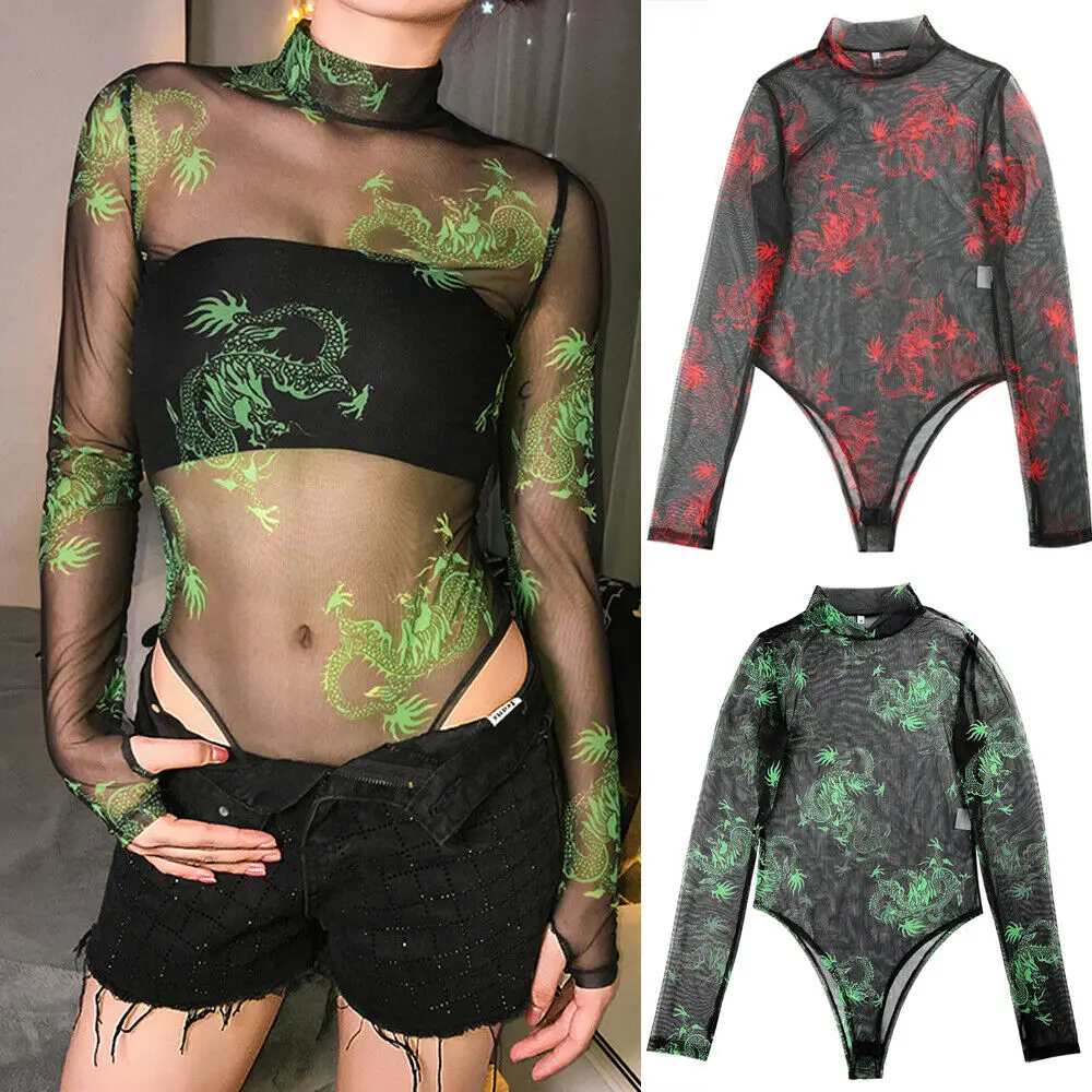 

Trendy Women Sexy Long Sleeve Bodysuit Female Bodycon Printed Leotard Chinese Style Perspective Playsuit Outfits Party Clubwear