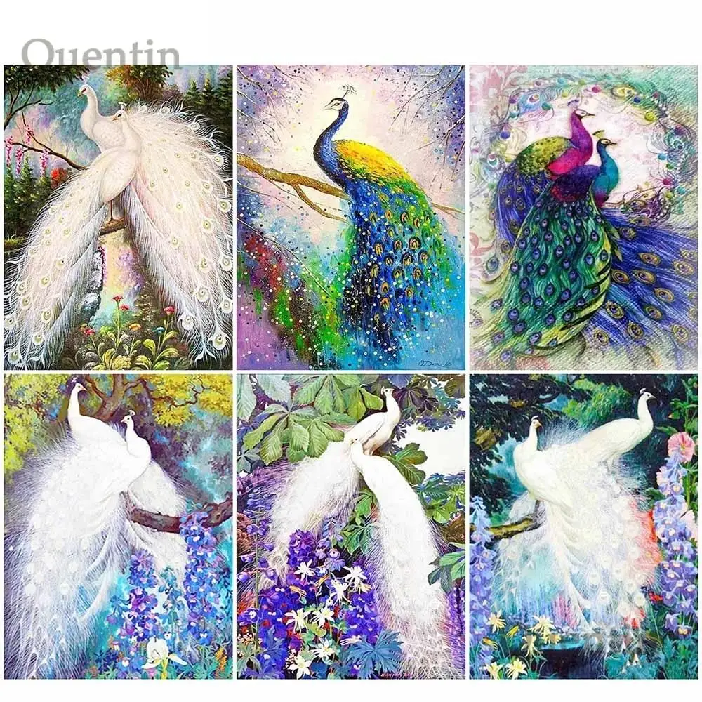 Картина 5D сделай сам из страз Quentin мозаика с зеленым и белым павлином квадратная
