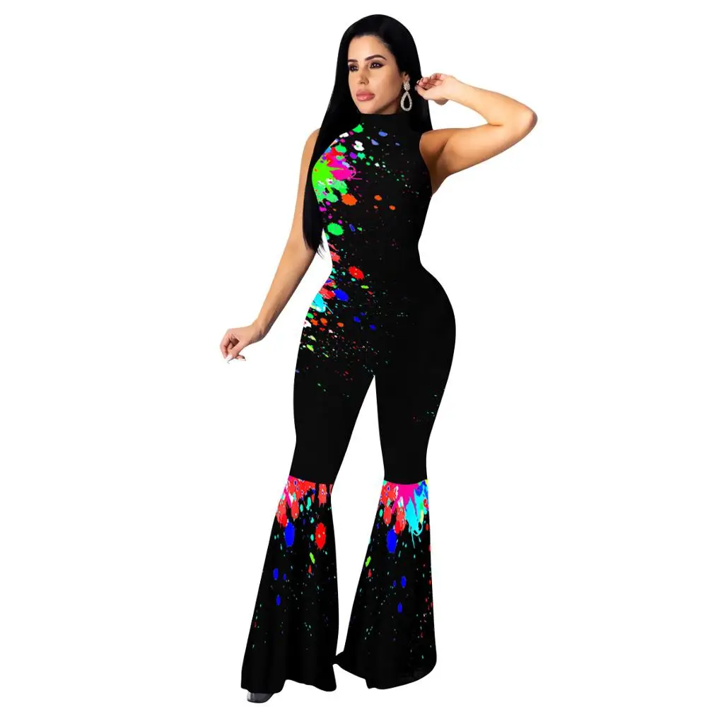 Adogirl Women Painting Printed Jumpsuit Sleeveless Stand Neck Zipper Romper Ruffle Wide Leg Flare Jumpsuit One Piece Playsuit