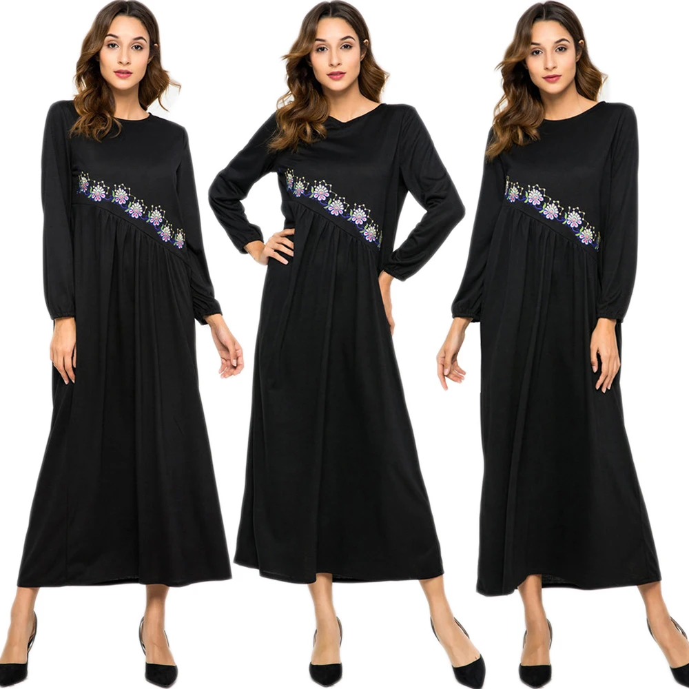 Черное платье-абайя с вышивкой, женское марокканское платье, арабское платье Jalabiya, мусульманское платье для вечерние, мусульманская одежда,...