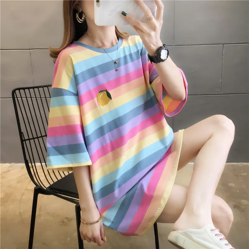 

Rainbow Stripe Women's Summer Clothes Loose Maternity shirt Pregnant Clothes Top Oversized Print T-shirt 2020