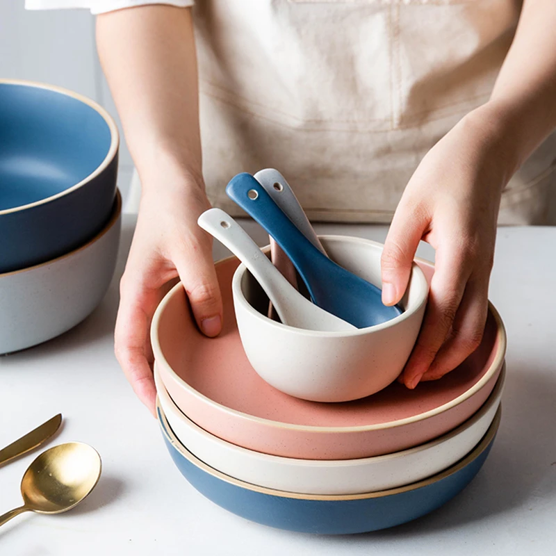 

Solid Color Kitchen Utensils Porcelain Ceramic Bowl Creative Personality Dishes for Home Porcelain Dinnerware Soup Bowl Set