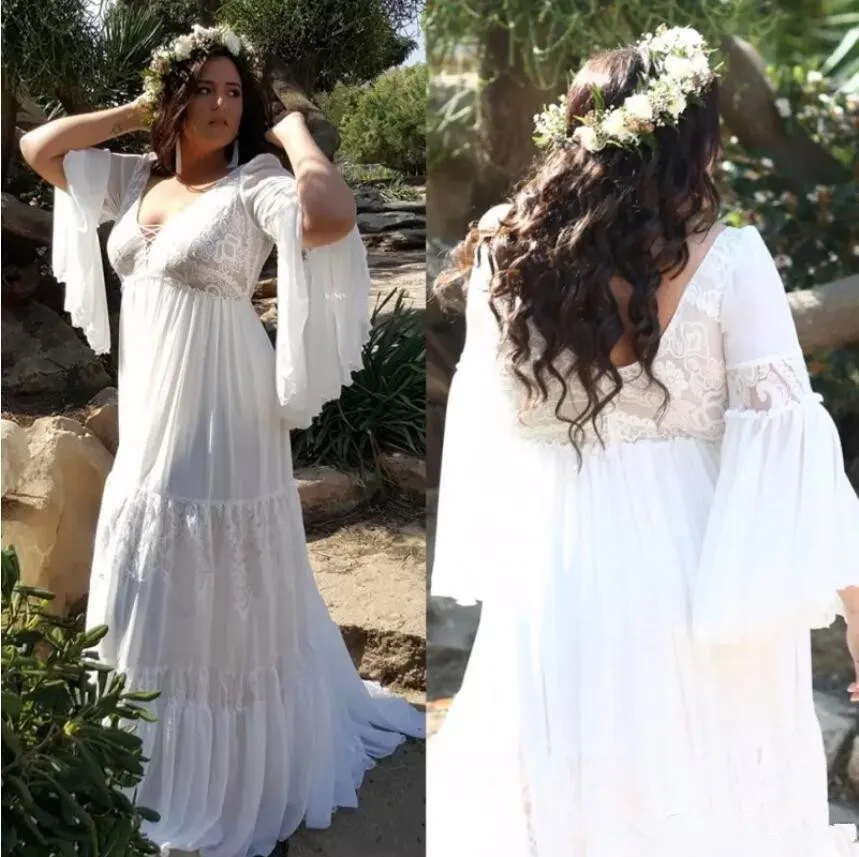 

2021 Lace Plus Size Beach Wedding Dresses V Neck Long Sleeves Bohemian Bridal Gowns A Line Floor Length Pregnant Wedding Dress