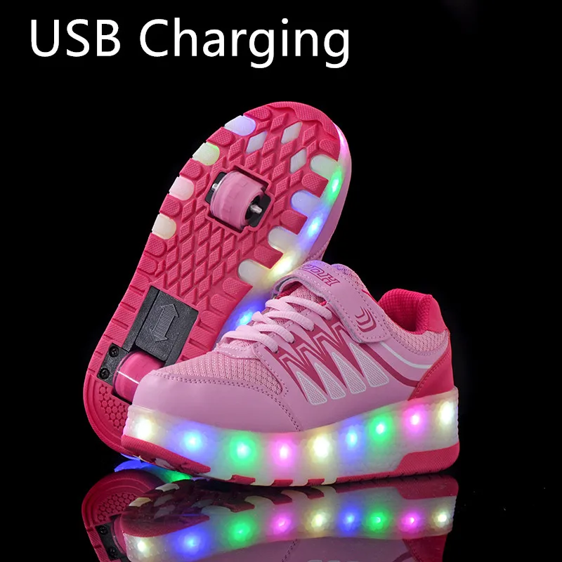 Кроссовки с двумя колесами; Цвет розовый, синий; Зарядка через USB; Светодиодный светильник; Обувь для катания на роликах; Детская обувь; Обувь... от AliExpress WW