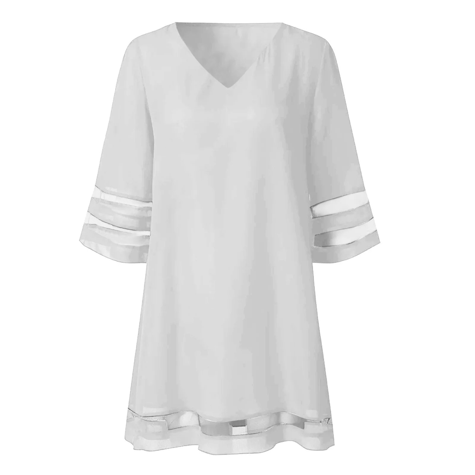 

Women Casual Crewneck Mesh Panel 3/4 Bell Sleeve Loose Tunic Dress 2021 Summer Light Dresses Ladies Party A-line Mini Dress A40