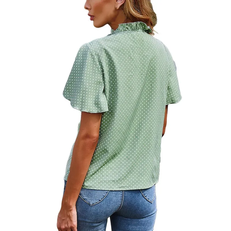 

Summer Women European And American Blouses Splicing Wood Ear Straps Round Dot Shirt